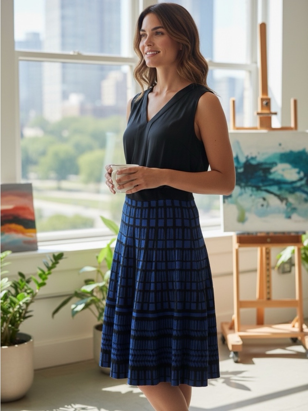 Chic Blue & Black Geometric Knit A-Line Skirt | Textured Fit & Flare | XL